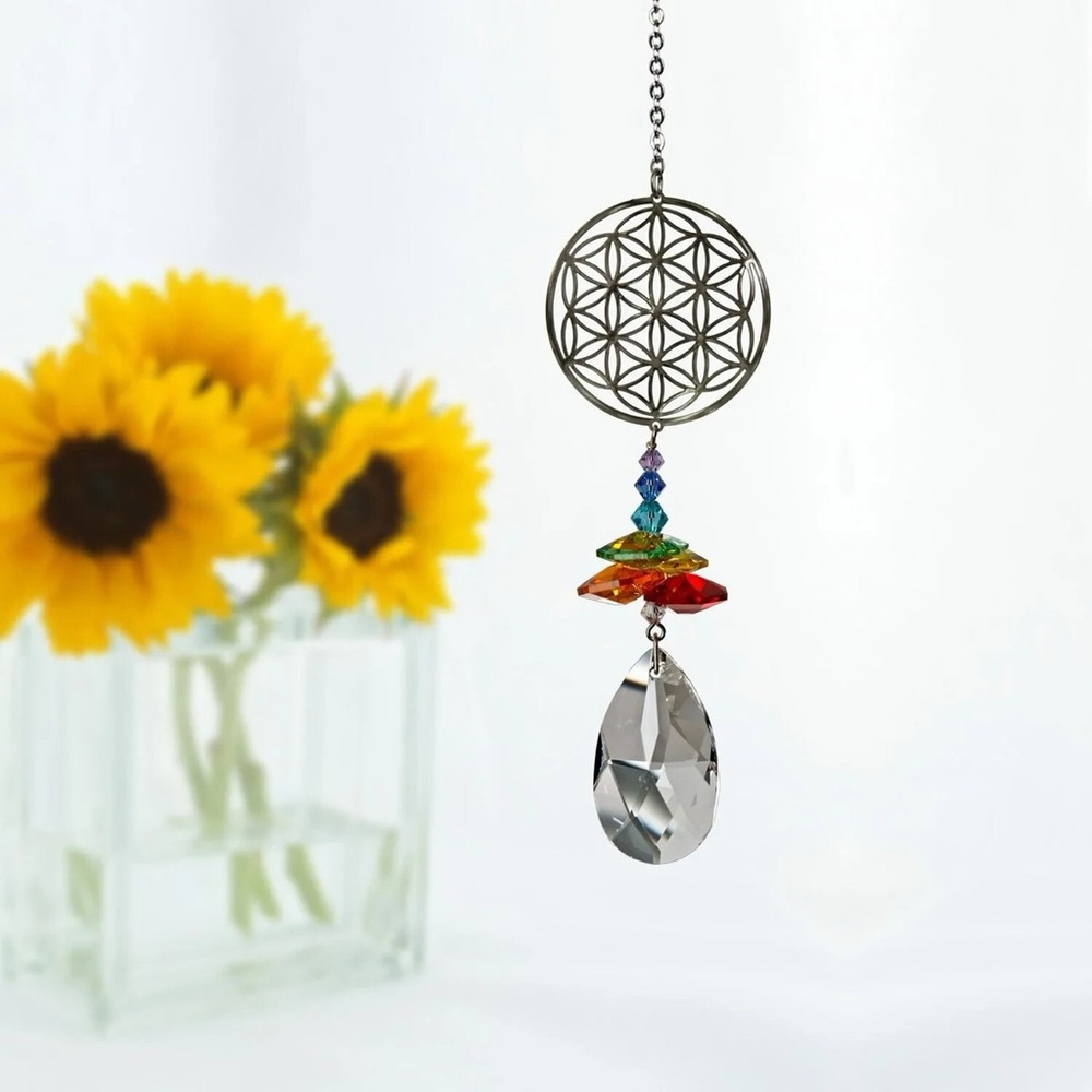Suncatcher with Crystal Drop featuring Chakra Charms & the Flower of Life